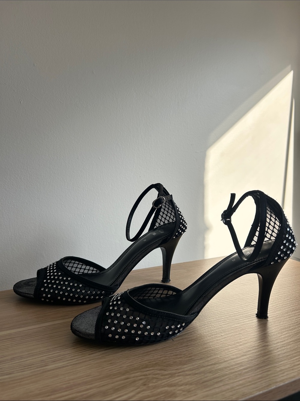 Zara into the night Black Rhinestone Mesh Peep-Toe Heels with Ankle Strap